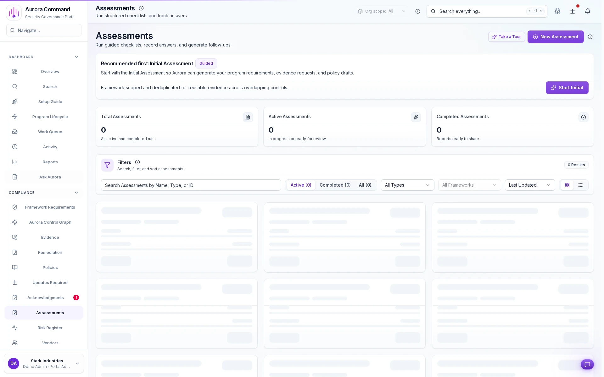 Aurora assessments workspace showing questionnaire status, cited answers, and review flow.