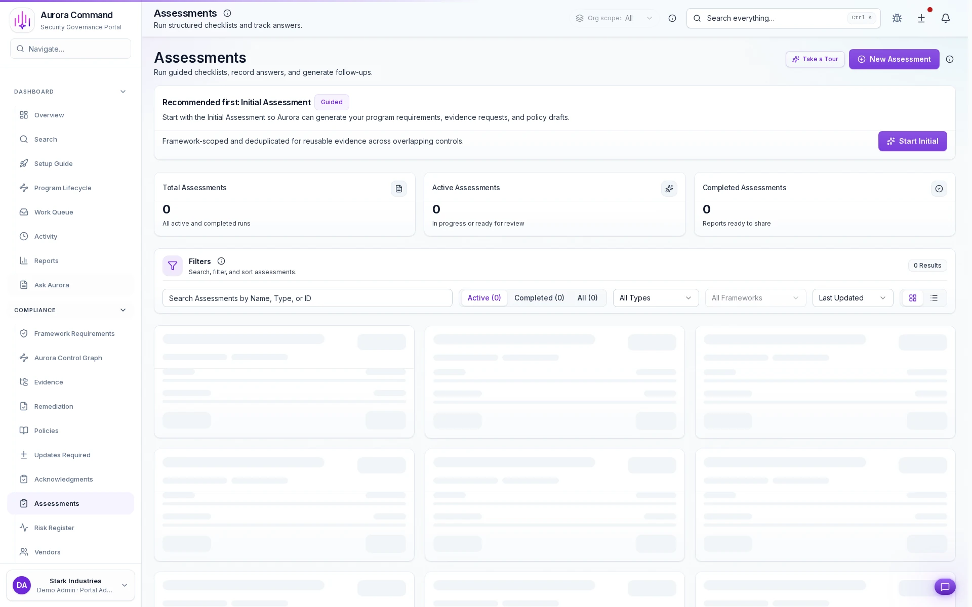 Aurora assessments workspace showing approved questionnaire answers and linked citations.