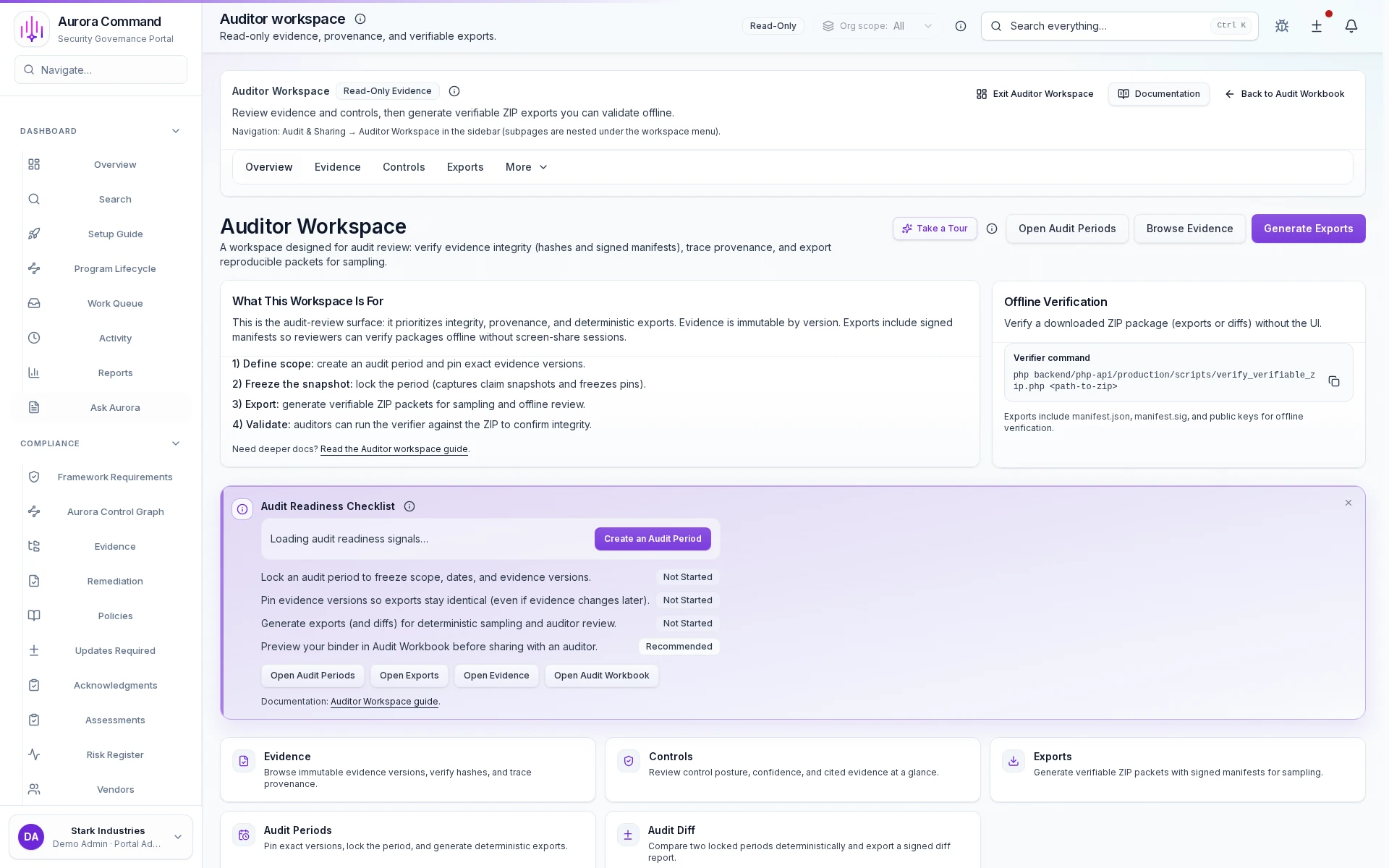 Aurora auditor workspace showing review windows, exports, and evidence navigation.