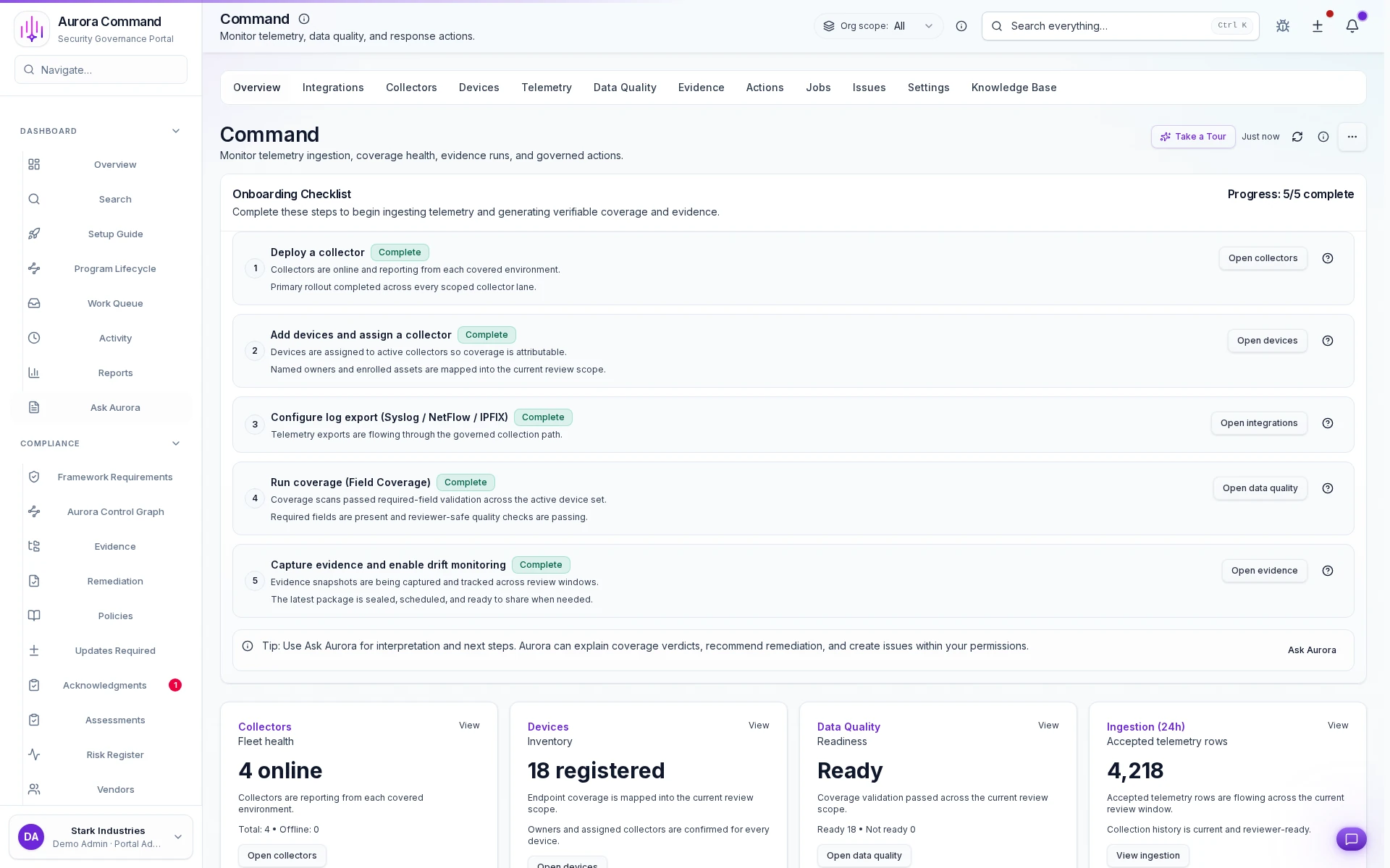 Aurora Command overview showing collector coverage, readiness gates, and governed export posture for regulated environments.