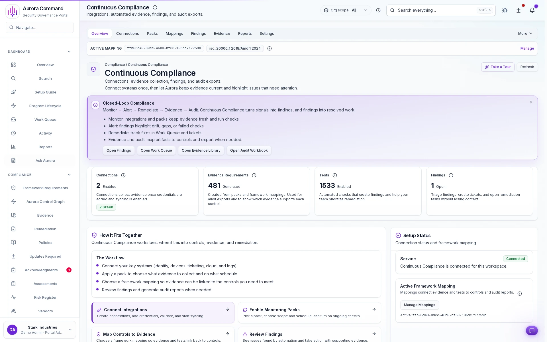Aurora automation workspace showing evidence and control coverage across multiple evidence sources.
