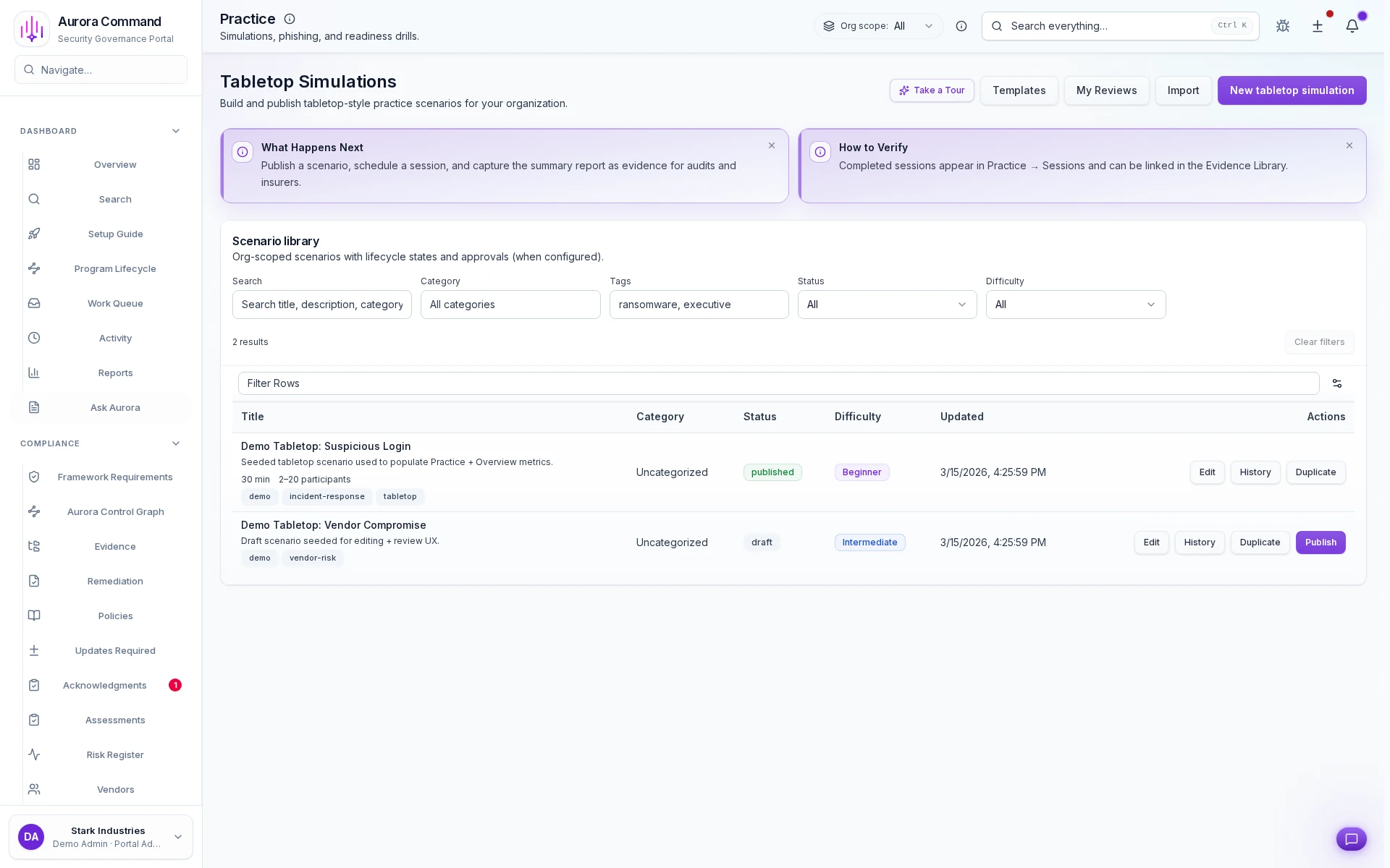 Aurora Command emergency communication workspace with drill templates and live session controls