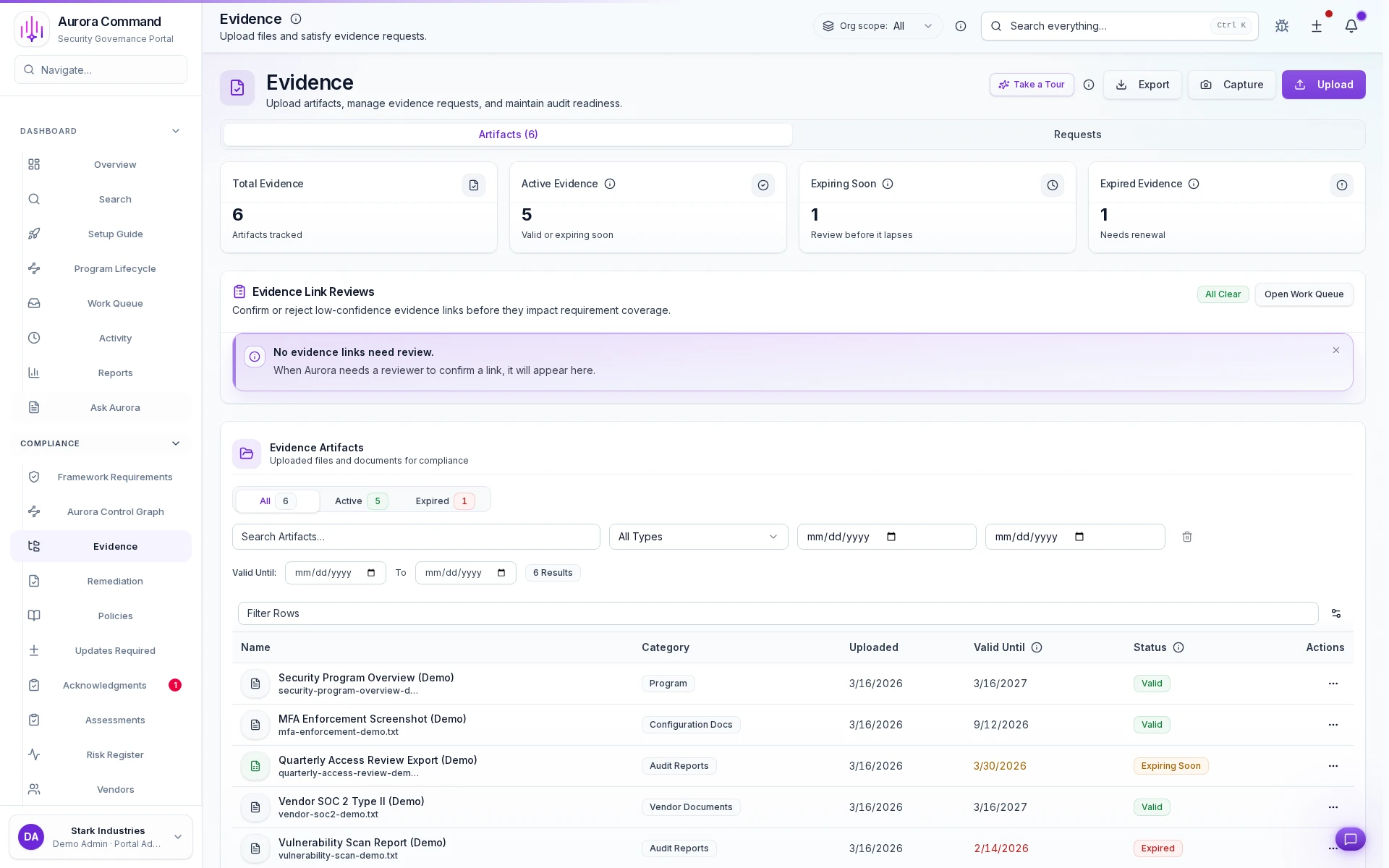 Aurora evidence workspace showing governed proof records, owners, freshness, and export actions.