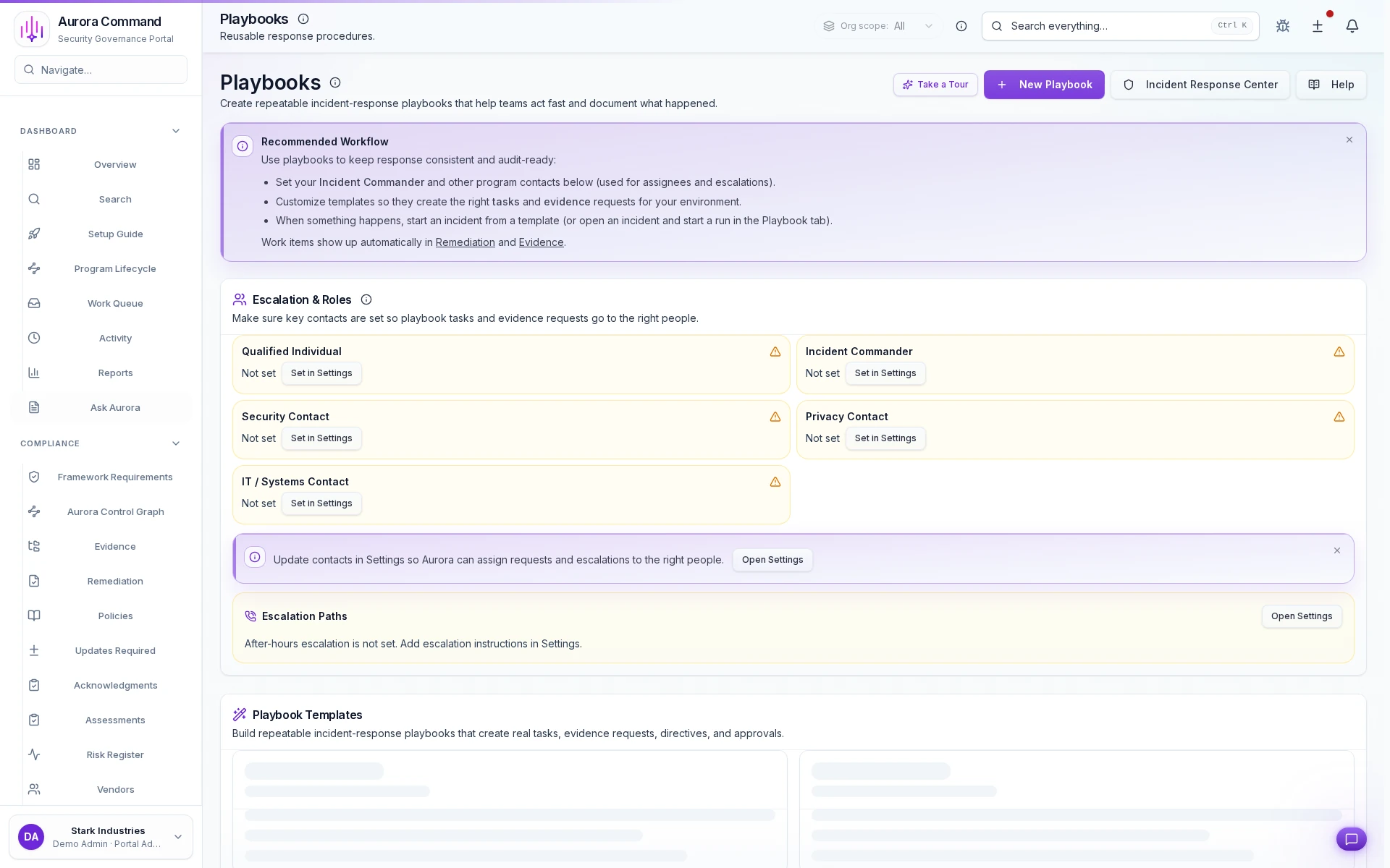Aurora Command playbook library with templates and response procedures