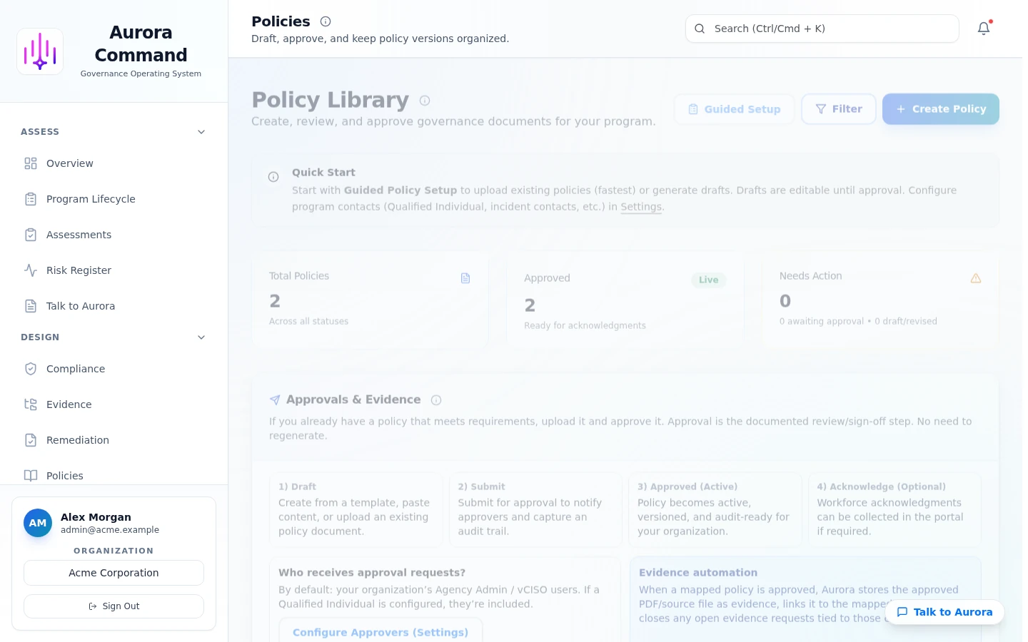 Aurora dashboard showing the policies library with approved policies and workflows.