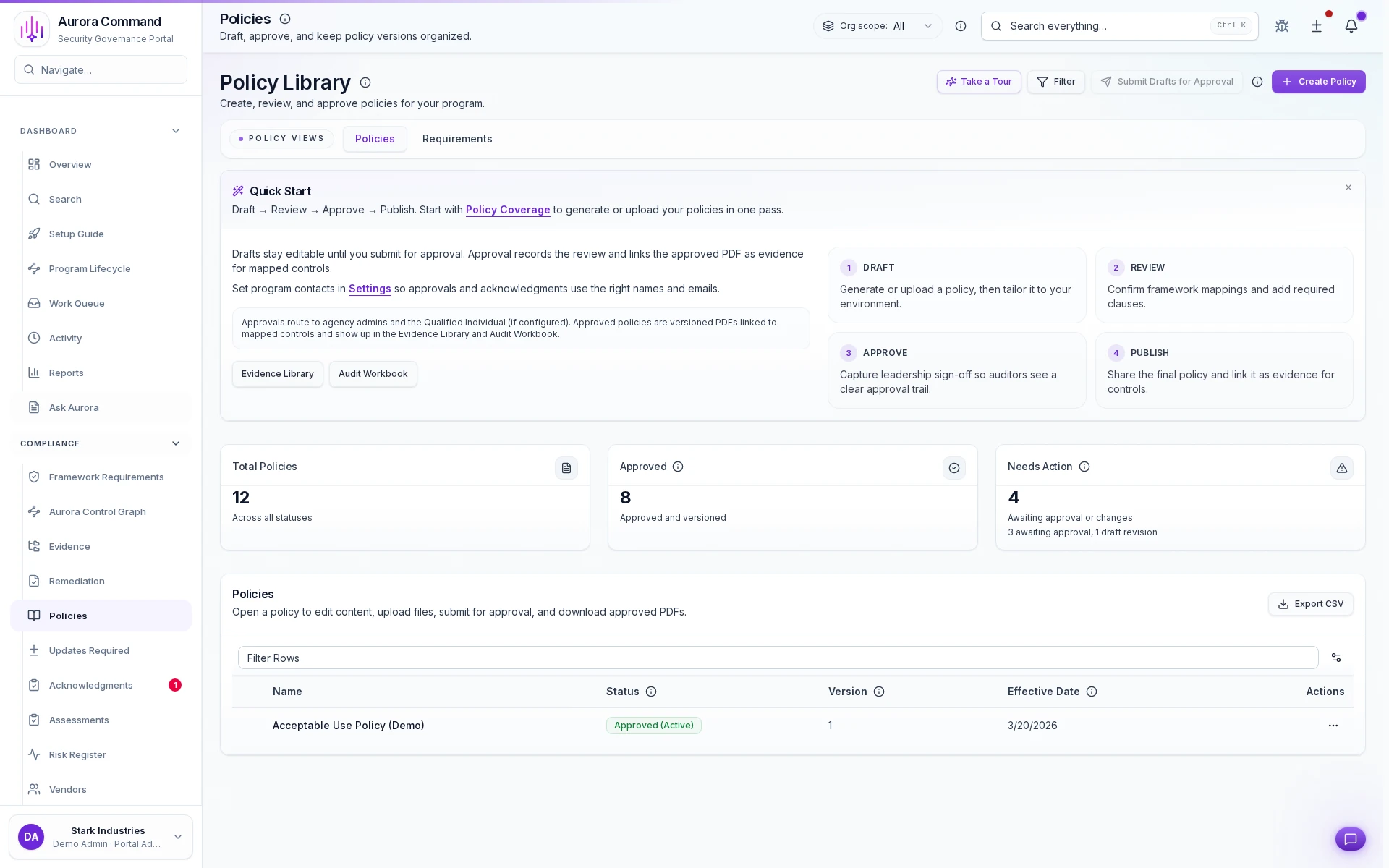 Track policy versions, approvals, and linked governance records so every document stays current and auditable.
