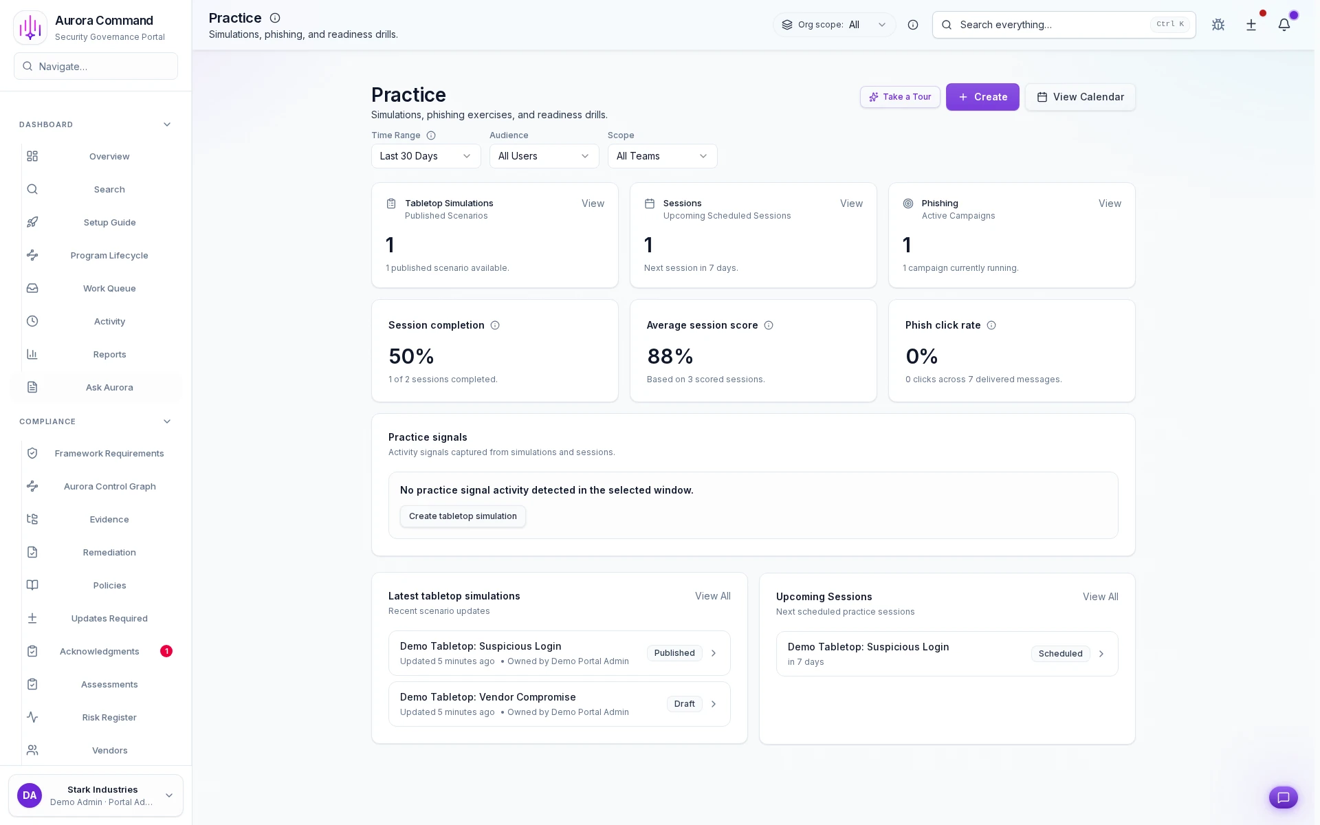 Aurora Command readiness overview with training, simulations, and scores