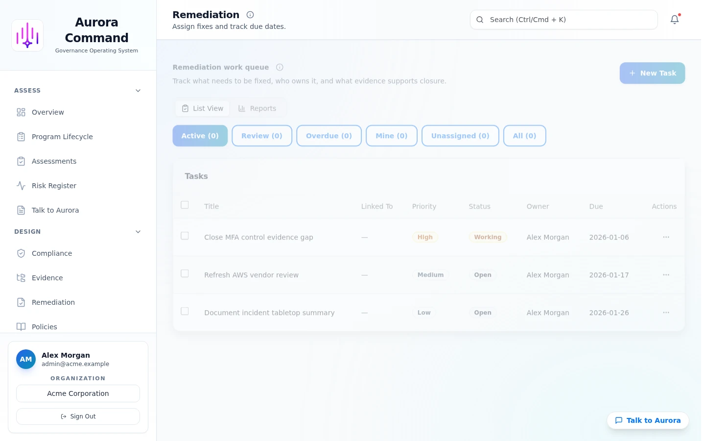 Aurora remediation dashboard showing owned work with status and evidence links.