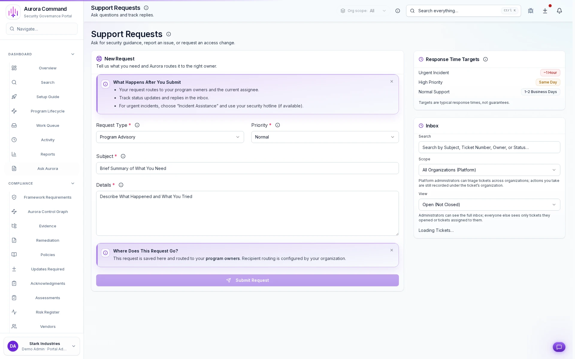 Aurora request queue showing intake, assignment, and request state.