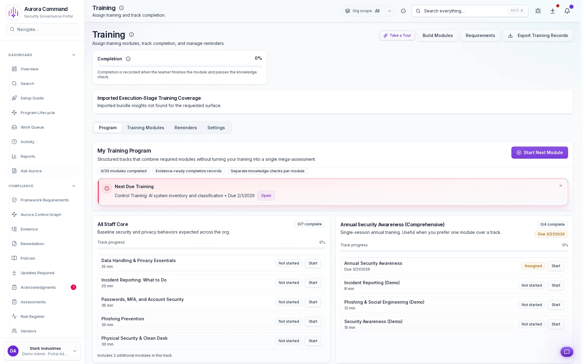 Aurora training workspace showing assignments, completion state, and learning requirements.