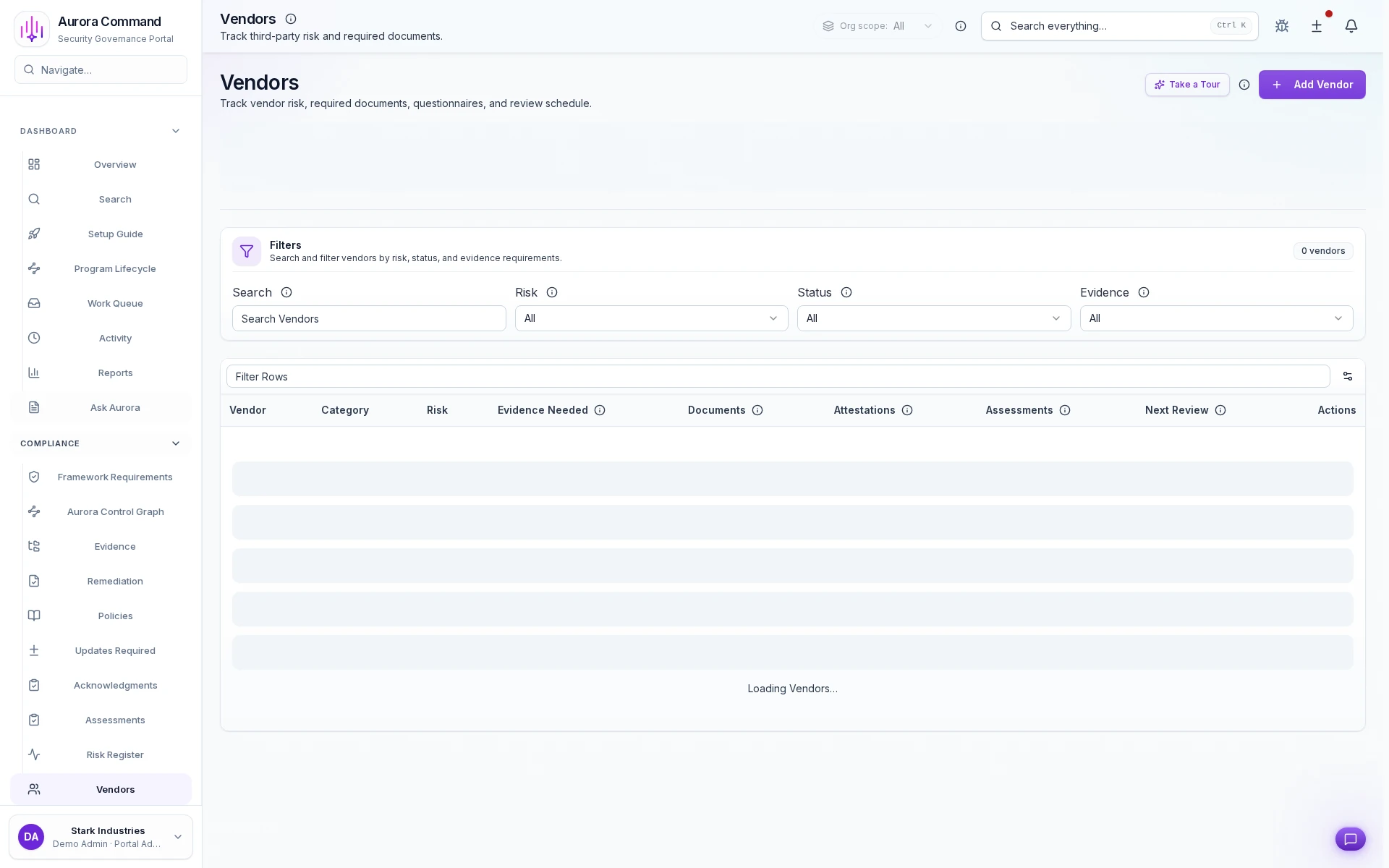Aurora vendor registry showing tiering, review status, and due diligence state.