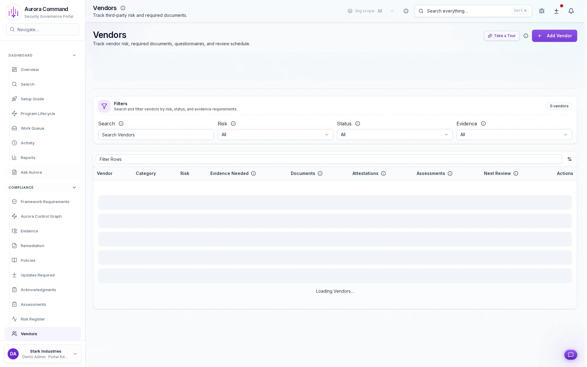 Aurora vendor registry showing tiering, review status, and due diligence state.