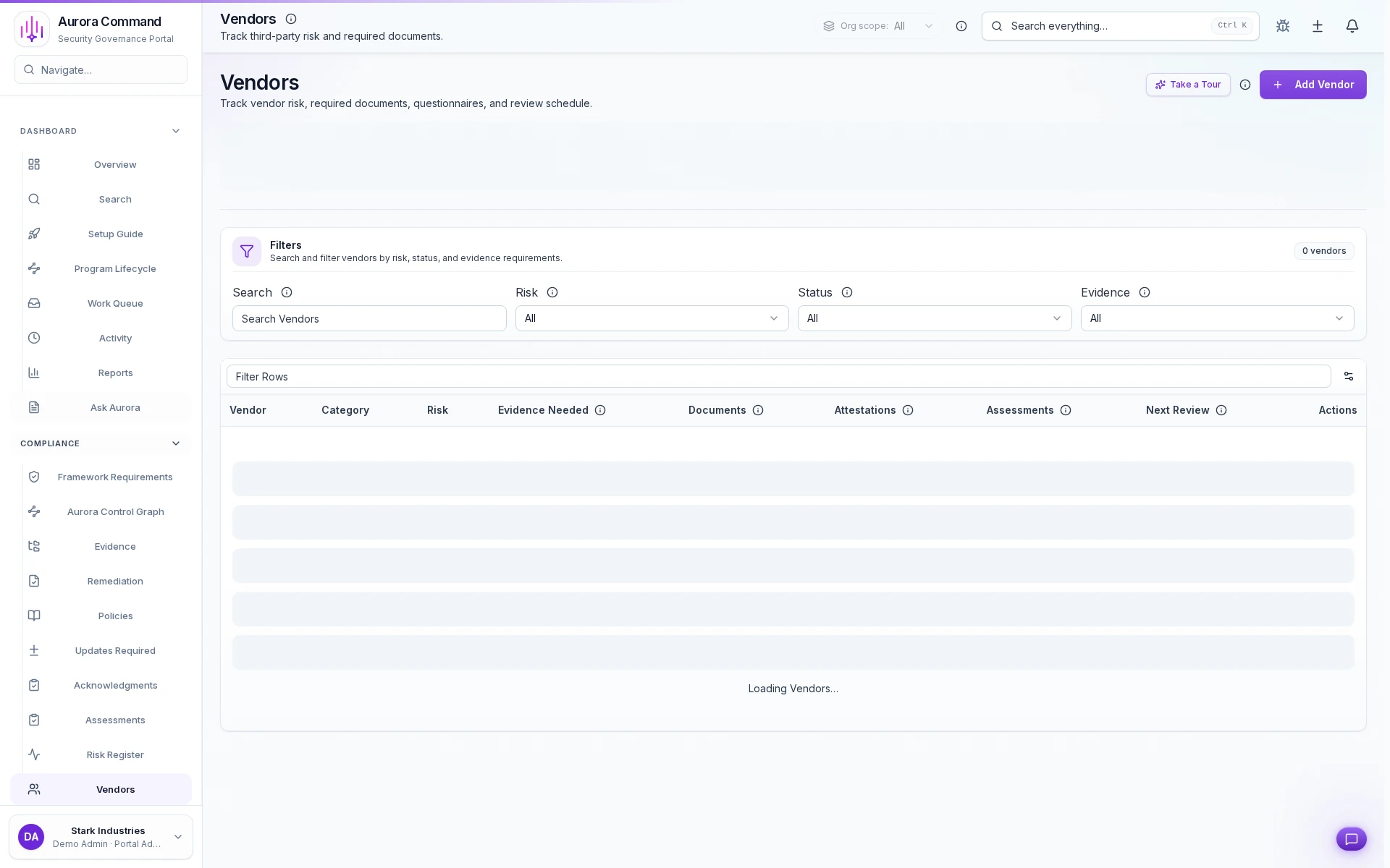 Aurora vendor workspace showing vendor profiles, risk tier, and review cadence.
