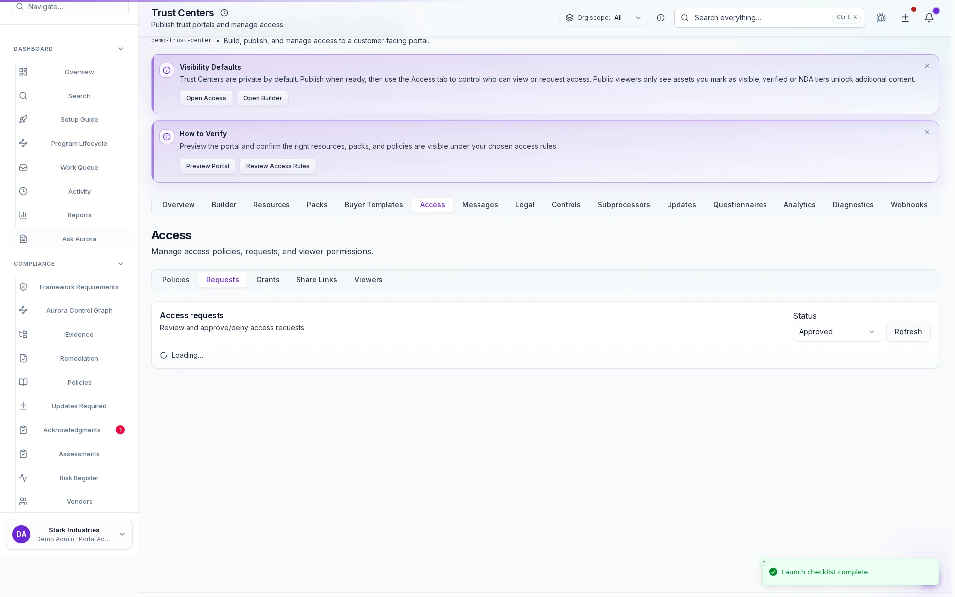 Aurora Trust Center access workflow showing gated reviewer access, approval paths, and access settings.